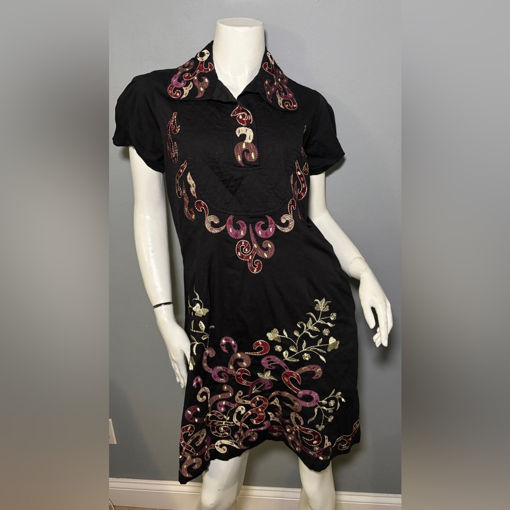 Black Mini Dress with Gold & Pink Sequin Embroidery